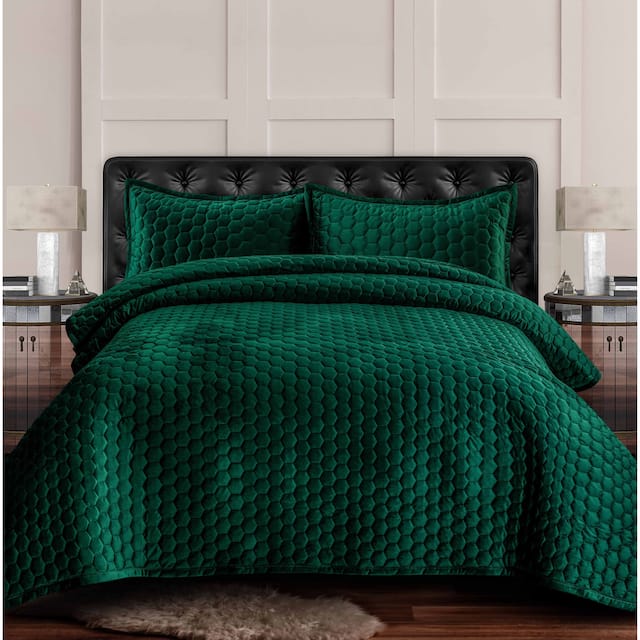 Lugano Honeycomb Velvet Oversized Solid Quilt Set - Emerald Green - Twin