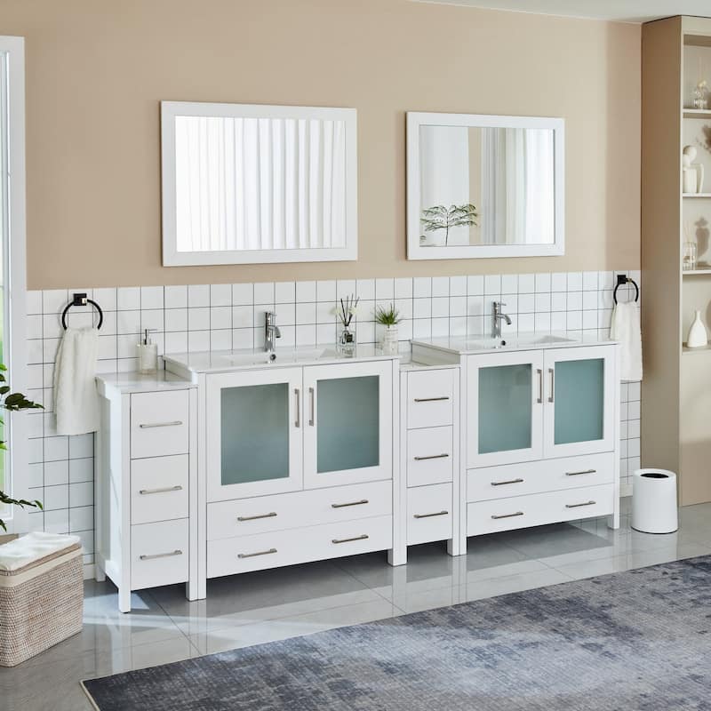 Vanity Art 96" Double Sink Bathroom Vanity Set 10 Dove-Tailed Drawers, 3 Cabinets, 2 Shelves Soft-Closing Doors with Free Mirror