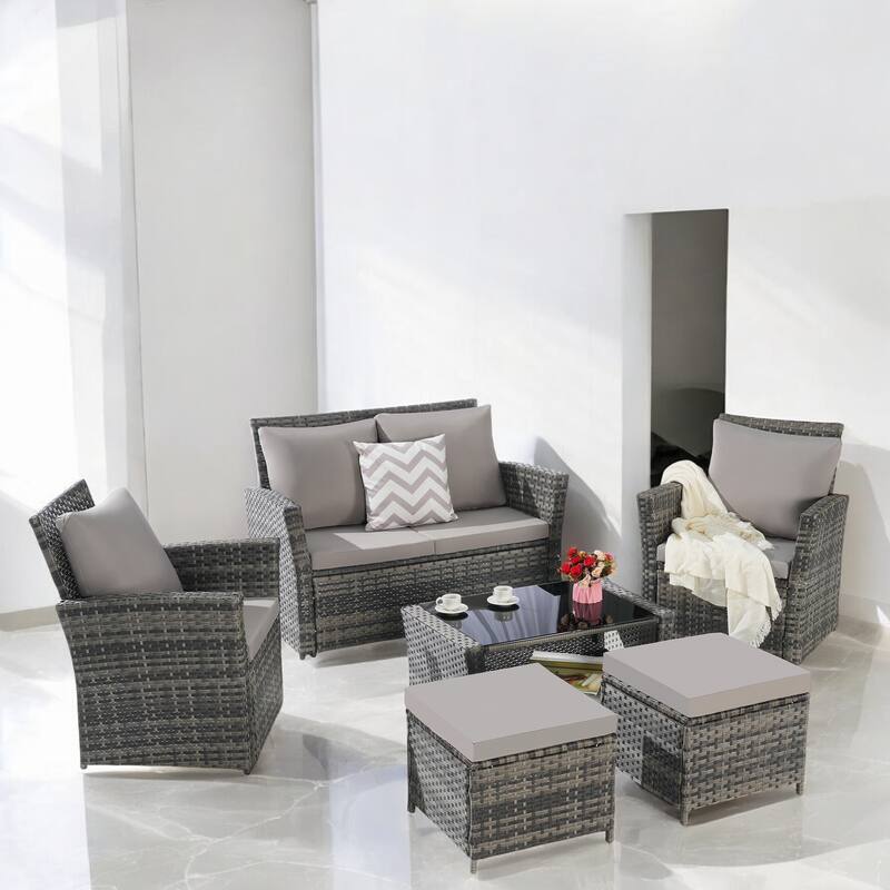6-Piece Wicker Patio Furniture Set with Cushions & Coffee Table & Ottomans, Sofa for Outdoor Garden, Patio, or Balcony