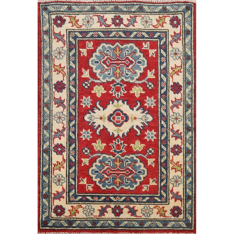 Red Geometric Kazak Oriental Foyer Rug Handmade Wool Carpet - 2'0" x 3'0"