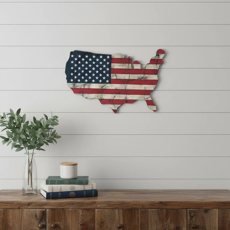 HomeRoots USA Americana 27" X 19" Blue Red And White Wood Hanging Wall Decor - White/Blue/Red - 19.00 in. x 27.00 in.  x 1.00 in.