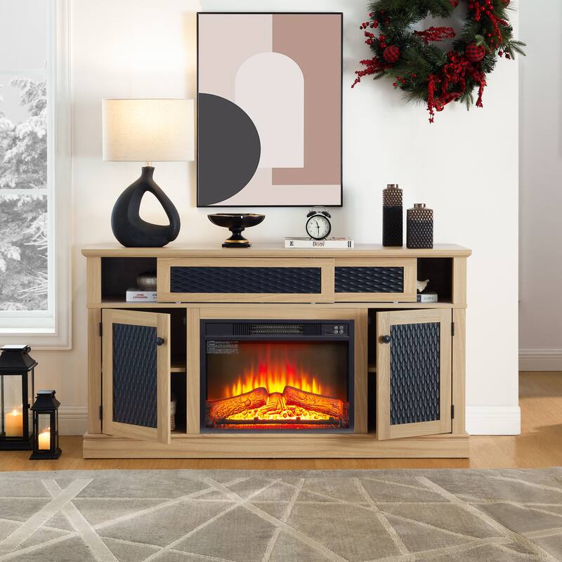Modern Fireplace TV Stand with Sliding Door, Open and Closed Storage Space, for Living Rooms and Bedrooms, Light Oak