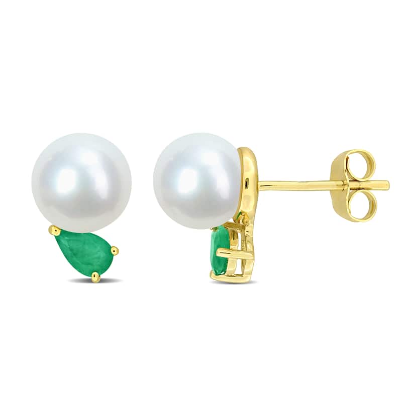 Miadora 7-7.5mm Cultured Freshwater Pearl and 3/8ct TGW Pear Cut Emerald Earrings in 14k Yellow Gold - 11.5 mm x 7.5 mm x 8.3 mm