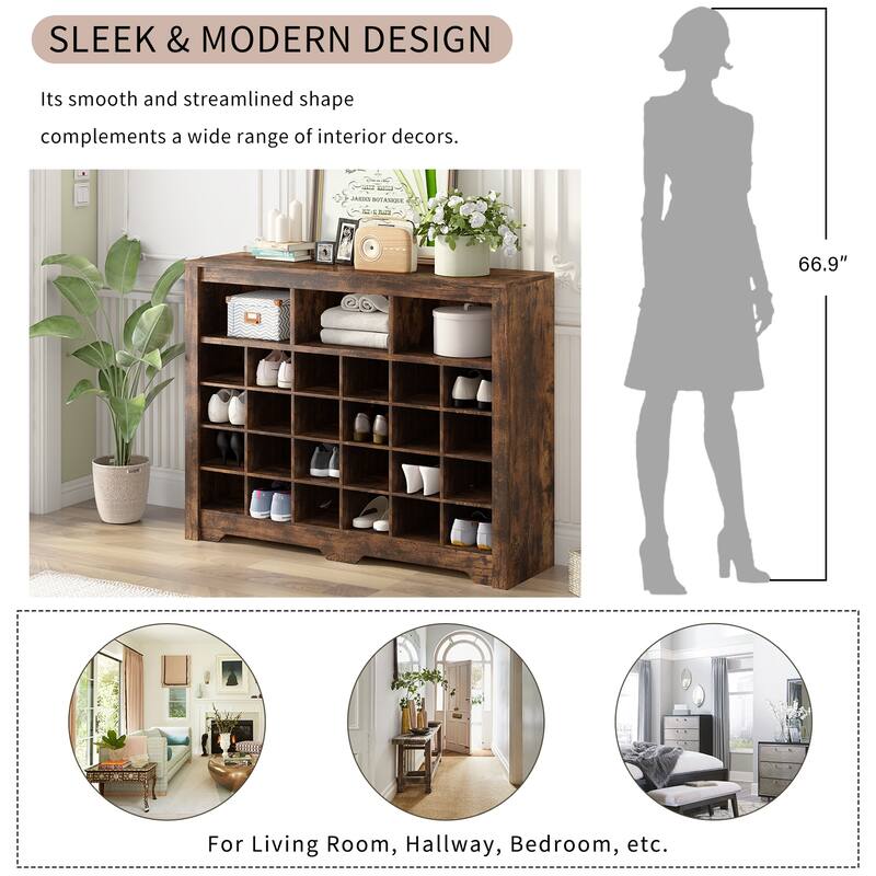 Contemporary Shoe Cabinet with 24 Cubbies & Extra Storage for Hallway or Bedroom