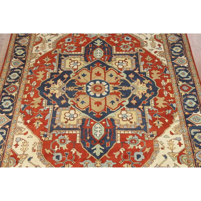 Medallion Heriz Serapi Indian Large Rug Hand-Knotted Wool Carpet - 9'8" x 13'11"
