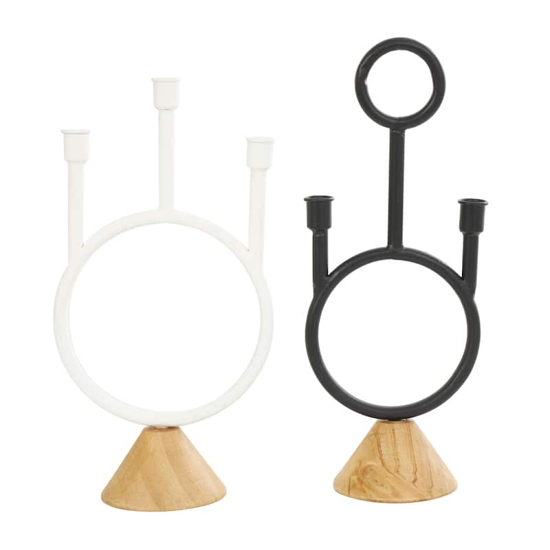 Metal Abstract Circular Ring Candle Holder with Wooden Cone Bases - Set of 2 Black - Roche River Decor - 5"W x 7"L x 15"H