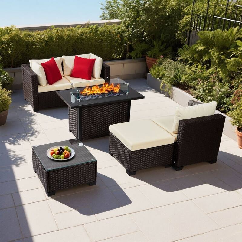 Beige-Mix Brown PE Rattan 6-Piece Patio Furniture Set with 44-Inch Fire Pit Table and Cushioned Steel Frame Sofas
