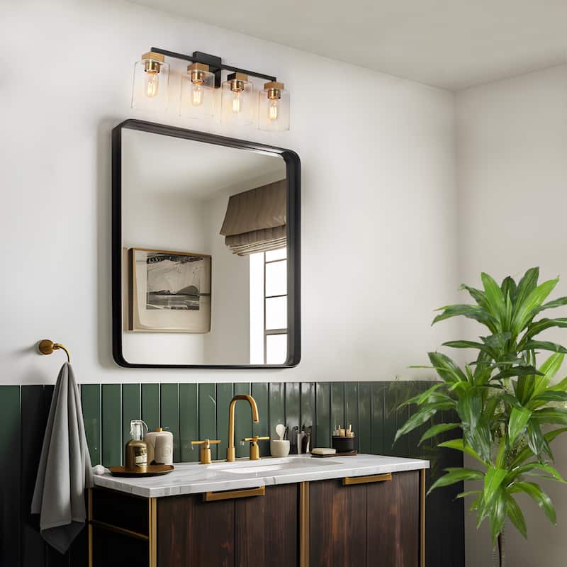 Caylin Mid-Century Modern Black Gold 4-Light Square Bathroom Vanity Lights Dimmable Wall Sconces - 25"L x 5.5"W x 10"H