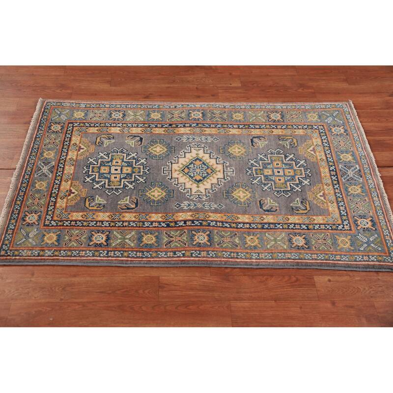 Gray Geometric Kazak Foyer Rug Handmade Wool Carpet - 2'8"x 4'0"