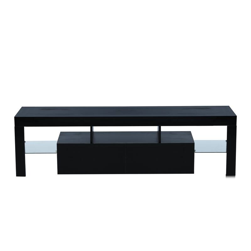 TV Stand Entertainment Center Console with LED Light and Glass Shelf, Metal Handle