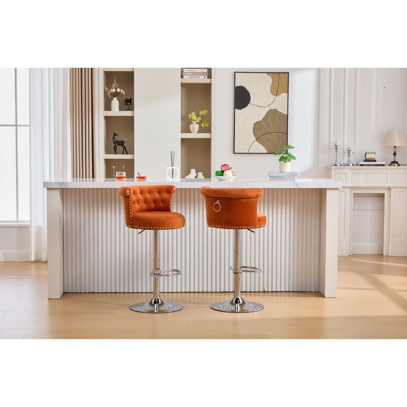 Velvet Upholstered Bar Stool Set of 2, Adjusatble Height Swivel Bar Stools, Dining Chairs with Curved Backrest & Footrest