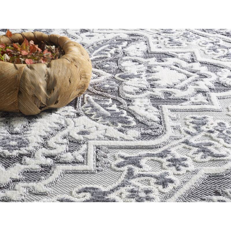 Milos Collection Grey and White Medallion Space-dyed Polyester Rug