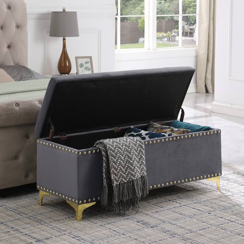 Grey Velvet Upholstered Storage Bench Bedroom End of Bed Bench with One Bench, Window Bench Ottoman Bench with Nail Trim