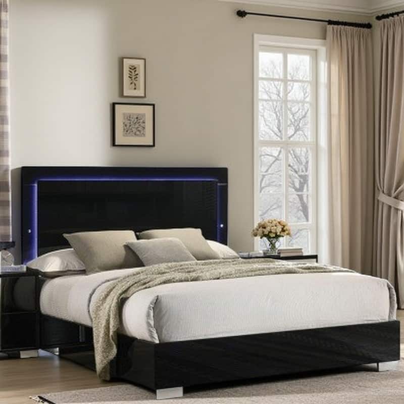 Queen Size Bed with LED-Illuminated Headboard, Sleek UV Finish, Chrome Legs and Vertical Handle Accents - Black - King