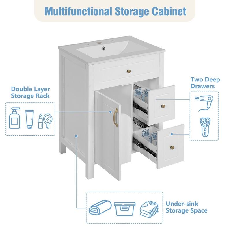 24" Bathroom Vanity with Ceramic Sink, 1 Soft Close Door, 2 Soft Close Drawers