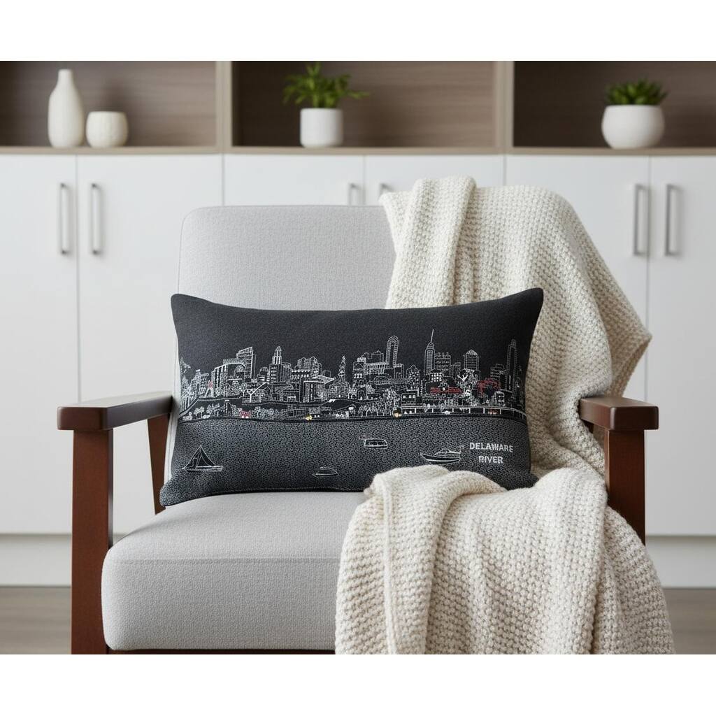HomeRoots 14" X 24" Dark Gray And White Philadelphia Nighttime Skyline Lumbar Decorative Pillow
