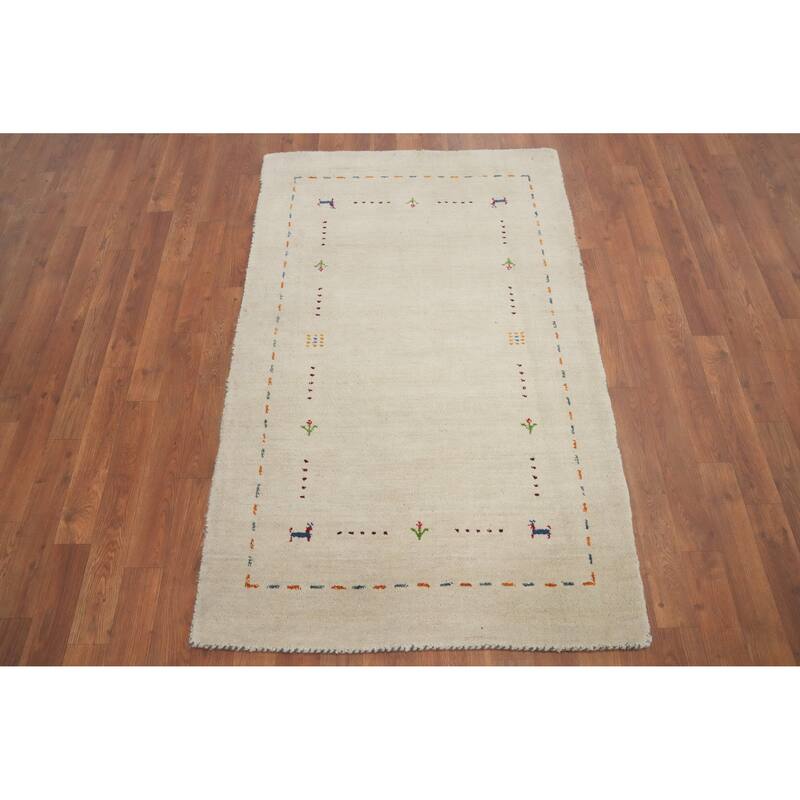 Hand Knotted Oriental 100% Wool Carpet Tribal Animal Pictorial Beige & Ivories Gabbeh Area Rug - 4' 9'' X 3' 0''