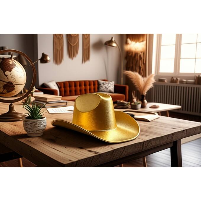 Aluminum Cast Decorative Object Cowboy Hat Design Glam Style - 3" Gold - 8" x 7" x 2.75"
