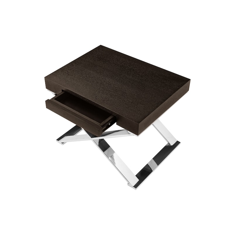 Rix 21 Inch Side End Table, 1 Drawer, X Steel Legs, Espresso Brown Wood