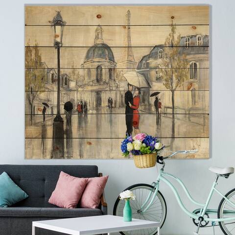 Designart 'Love in Paris I' Romantic French Country Print on Natural Pine Wood - Multi-color