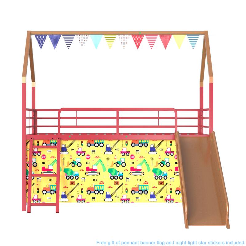 Metal Junior House Twin Loft Bed with Slide and Curtain Set and Pennant Banner Flag and Star Stickers