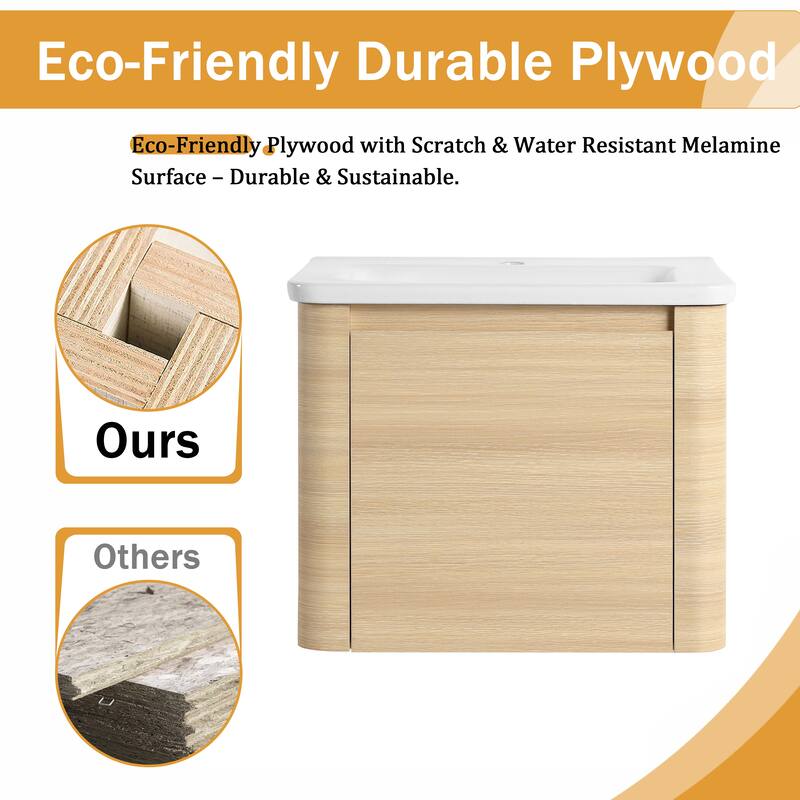 Malwee 24"/36"/48"/60" Floating Bathroom Vanity, Wall Mounted Bathroom Vanity with Ceramic Sink,Soft Close Door and Shelf