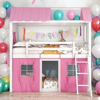 Twin Size House Kids Bunk Bed with Windows Sills and Tent, Pink+White