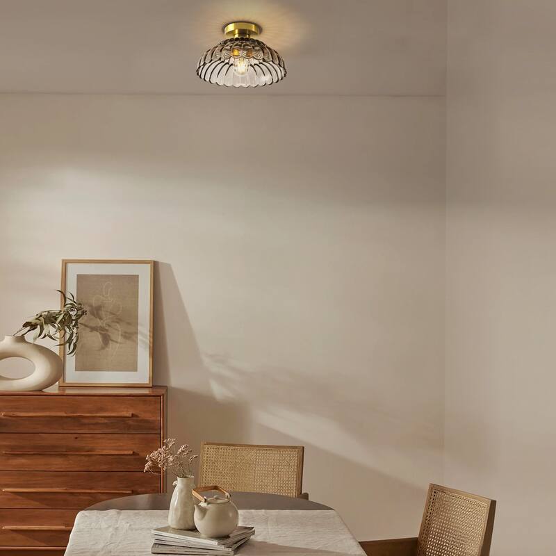 1-Light Vintage Brass Finish Metal Semi-Flush Mount Ceiling Light with Amber/Green/Grey/Clear Glass Shade for Kitchen, Hallway