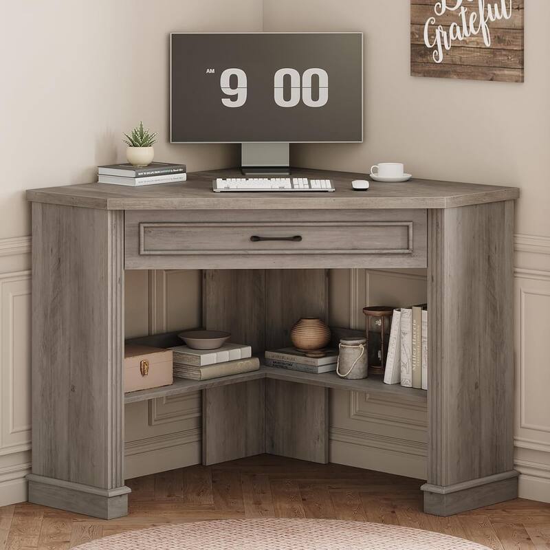Small Corner Desk Triangle Computer Desk Drawer Storage Shelves - Grey