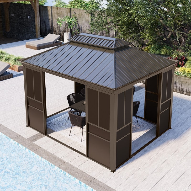 Hardtop Sunroom with Double Steel Roof, Sliding/Lockable Doors & Screens - All-Season Rustproof Aluminum Frame,Advanced Drainage