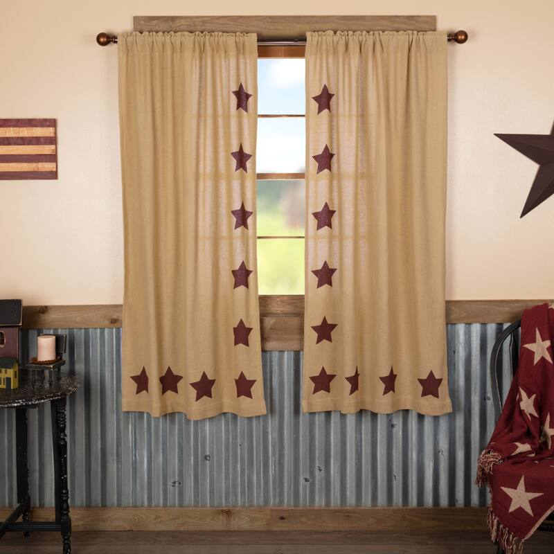 Burlap with Stencil Stars Short Panel Set - Short Panel 63x36 - Natural/Burgundy