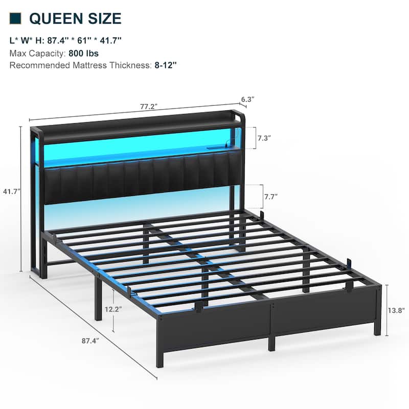 Platform Bed Frame with Upholstered Storage Headboard, Full/ Queen/ King Beds with Charge Station and LED Lights