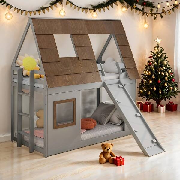 slide 2 of 10, Kid Bed Frame Twin Size House Bunk Bed with Ladder and Climbing Ramp Brown+Grey