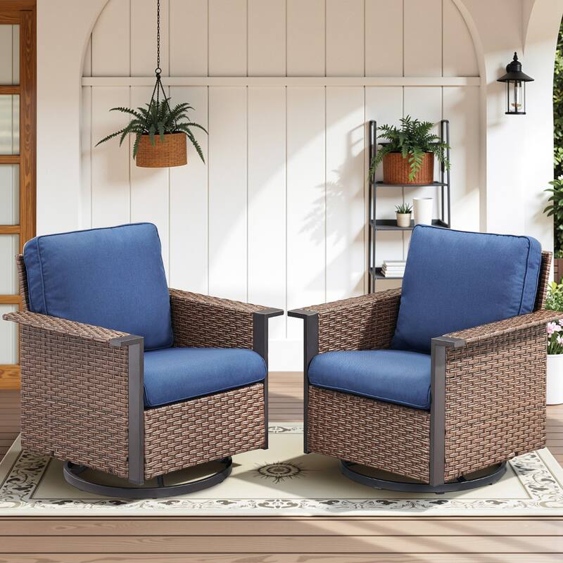 Pocassy Outdoor Wicker 2-Piece Swivel Chair with Cushion - Brown Wicker Blue Cushion - 2-Piece Swivel Chair with Cushion