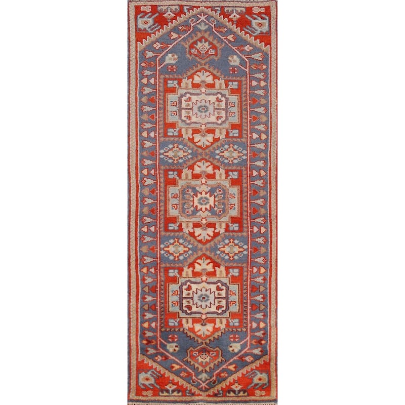 Blue Geometric Heriz Serapi Indian Runner Rug Hand-Knotted Wool Carpet - 2'4" x 7'11"