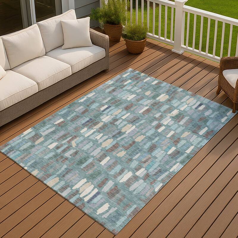 Machine Washable Indoor/ Outdoor Modern Mosaic Chantille Rug - Teal - 5' x 7'6"