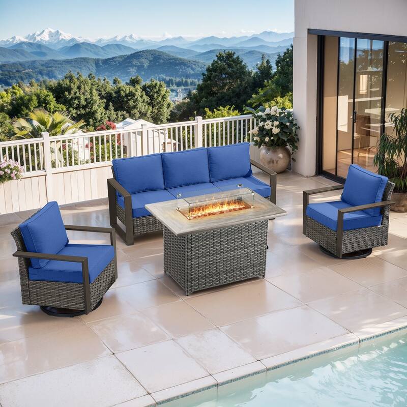 Pocassy Outdoor Wicker Sofa Swivel Chair with Fire Table Set - Grey Wicker Blue Cushion - 4-Piece Sofa Swivel Chair with Fire Table