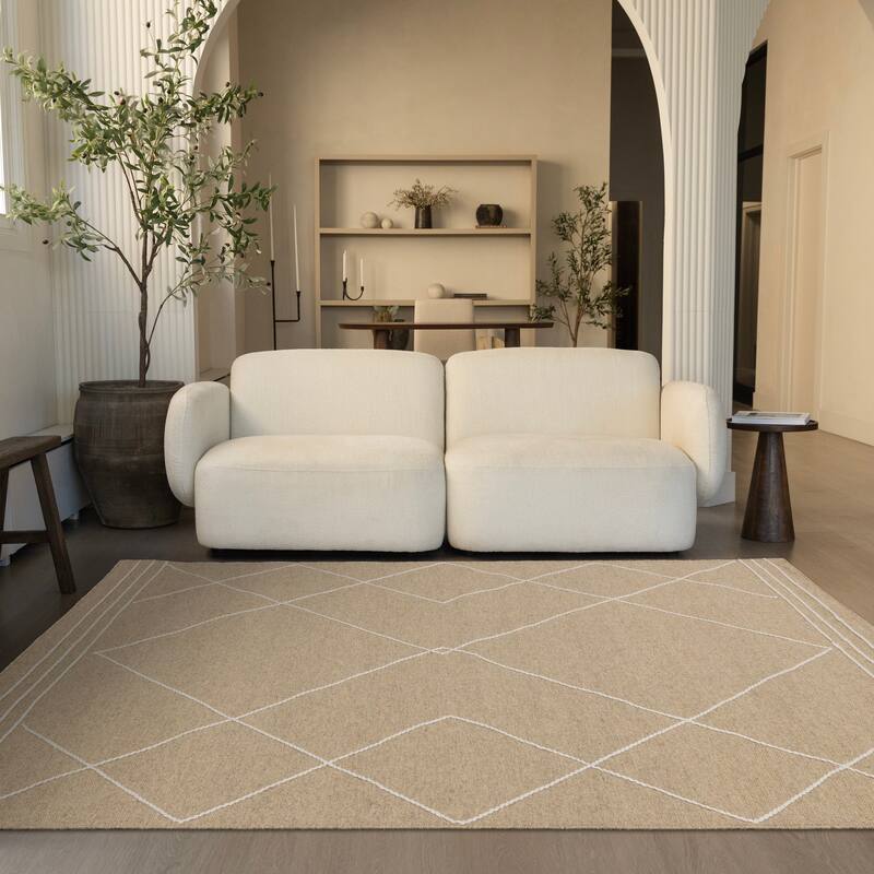 Beige Cream Diamond Lattice Handmade Wool Rug