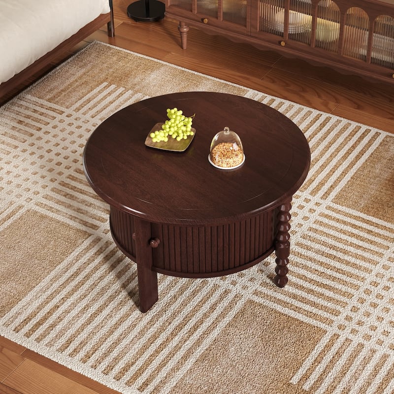 Round Slatted Coffee Table Accent Table with Storage Shelf, Modern Cocktail Table End Table with Sliding Door