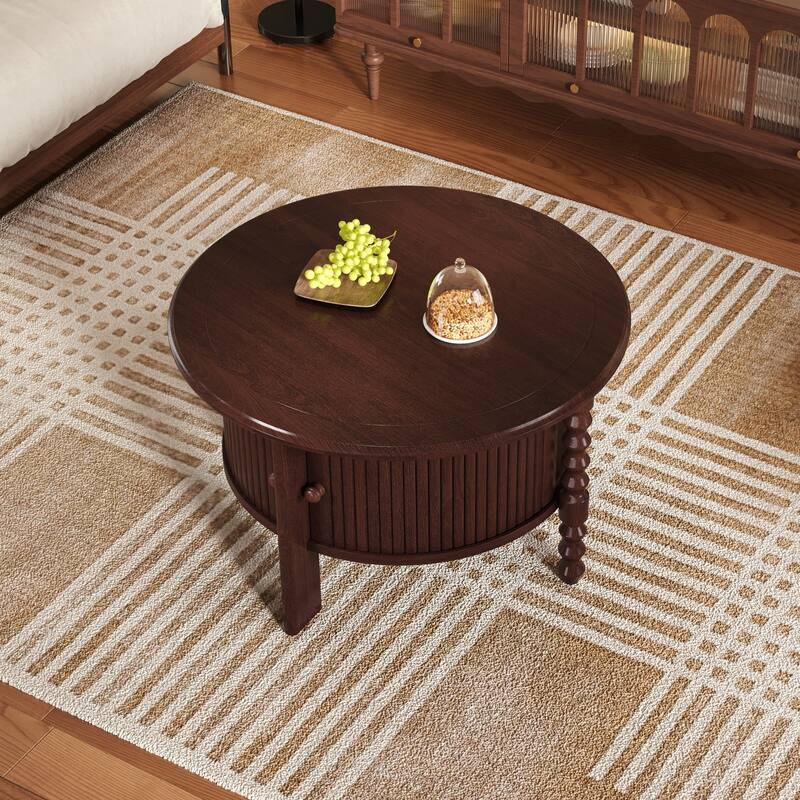 Vintage Round Coffee Table - 30.3" Mid-Century Modern, Sliding Door & Slatted Design