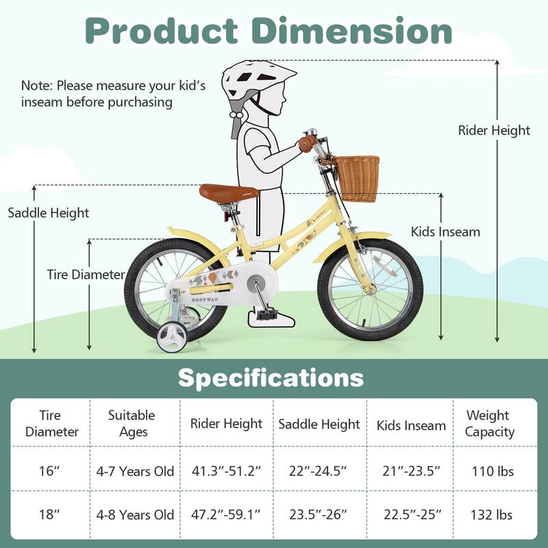 Costway 12"/14"/16"/18" Kids Bike with Height Adjustable Handlebar - See Details