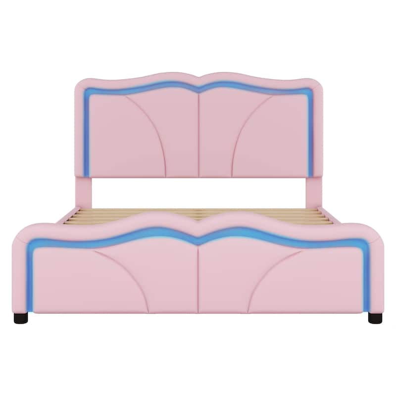 Pink Full Size Upholstered Platform Bed with Curve Shaped and Height-adjustbale Headboard