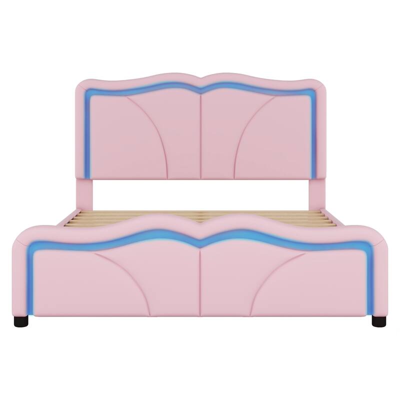 Roomfitters Twin/Full Size Upholstered Platform Bed with LED Light Headboard and Footboard, Wave Shaped Padded Frame, Pink