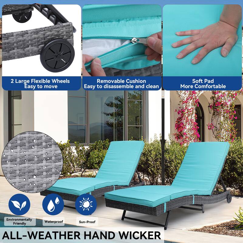 Wicker recliner, outdoor PE cane pool recliner with adjustable back and removable mat and wheels