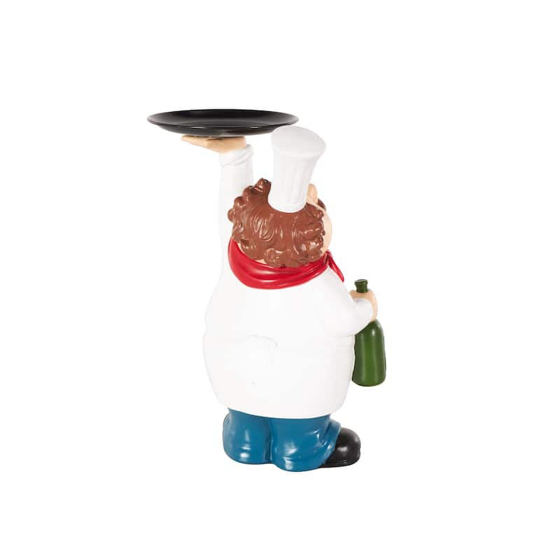 White Polystone Kitchen Decorative Figurine Chef Decorative Sculpture with Black Tray and Green Bottle
