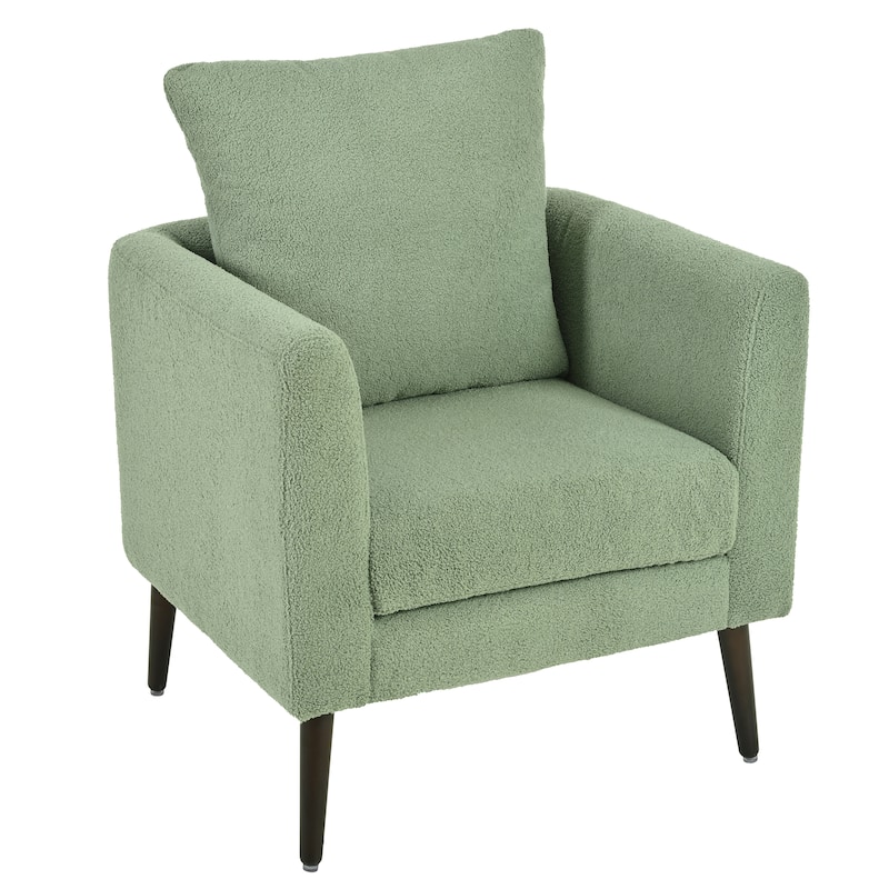 Teddy Fabric Accent Chair, Upholstered Lounge Armchair with Pillow, Reading Chair with Barrel Backrest & Wood Legs