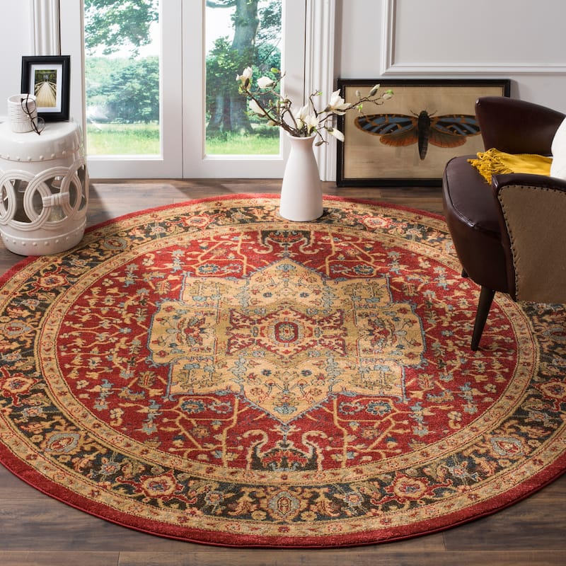 SAFAVIEH Mahal Haruko Traditional Oriental Rug - 6'7" Round - Natural/Navy