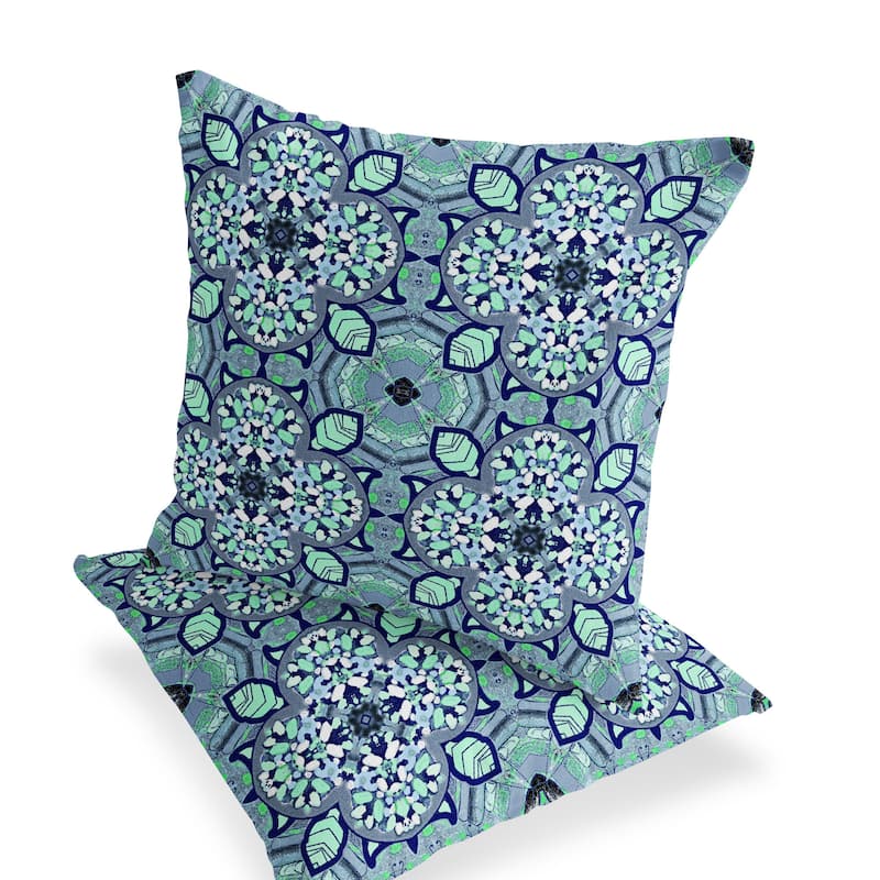 HomeRoots Set of Two 16" X 16" Blue and Green Blown Seam Floral Indoor Outdoor Throw Pillow - 16.00' X '16.00' X '5.00