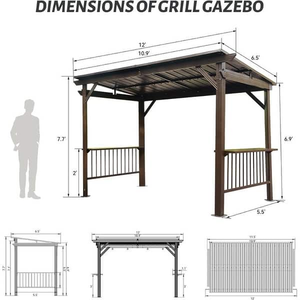 dimension image slide 1 of 2, Domi 6.5 ft. x 12 ft. Hardtop Grill Gazebo with 2 Side Shelves and Ceiling Hooks, Outdoor BBQ Canopy