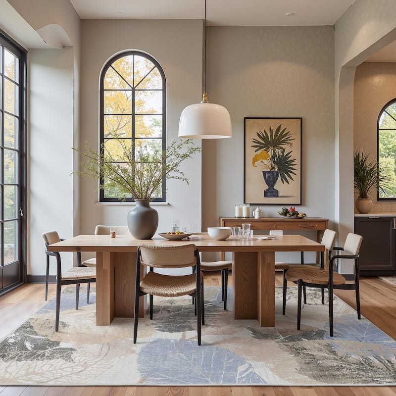 Mcow Leaf Collection Botanical Print Low-Pile Washable Area Rug